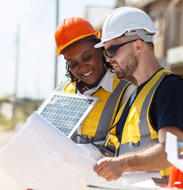 Professional - senior civil engineers inspecting or working in construction site, contractor examining a building blueprint or layout on paper.